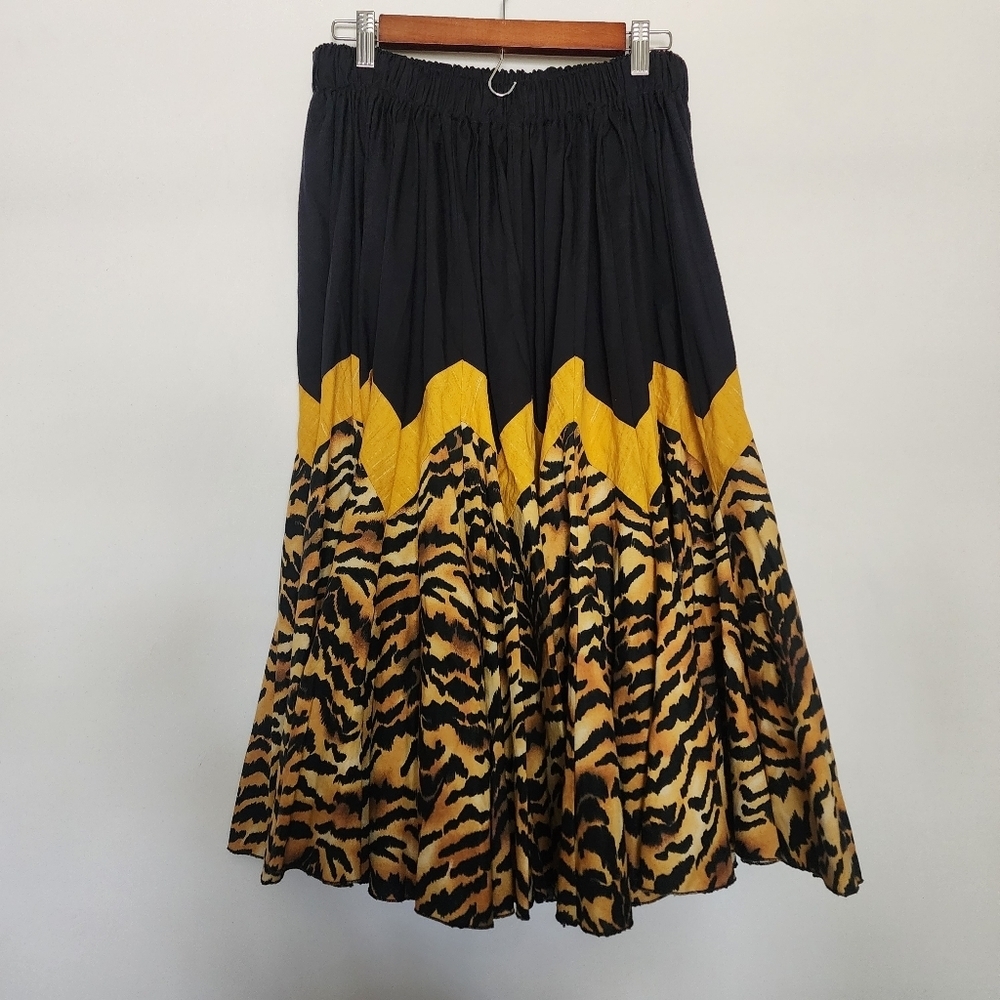 Vintage 80s Tiger Animal Print Midi Skirt Chevron Waist High Rise Boho Pin Up - Picture 2 of 9